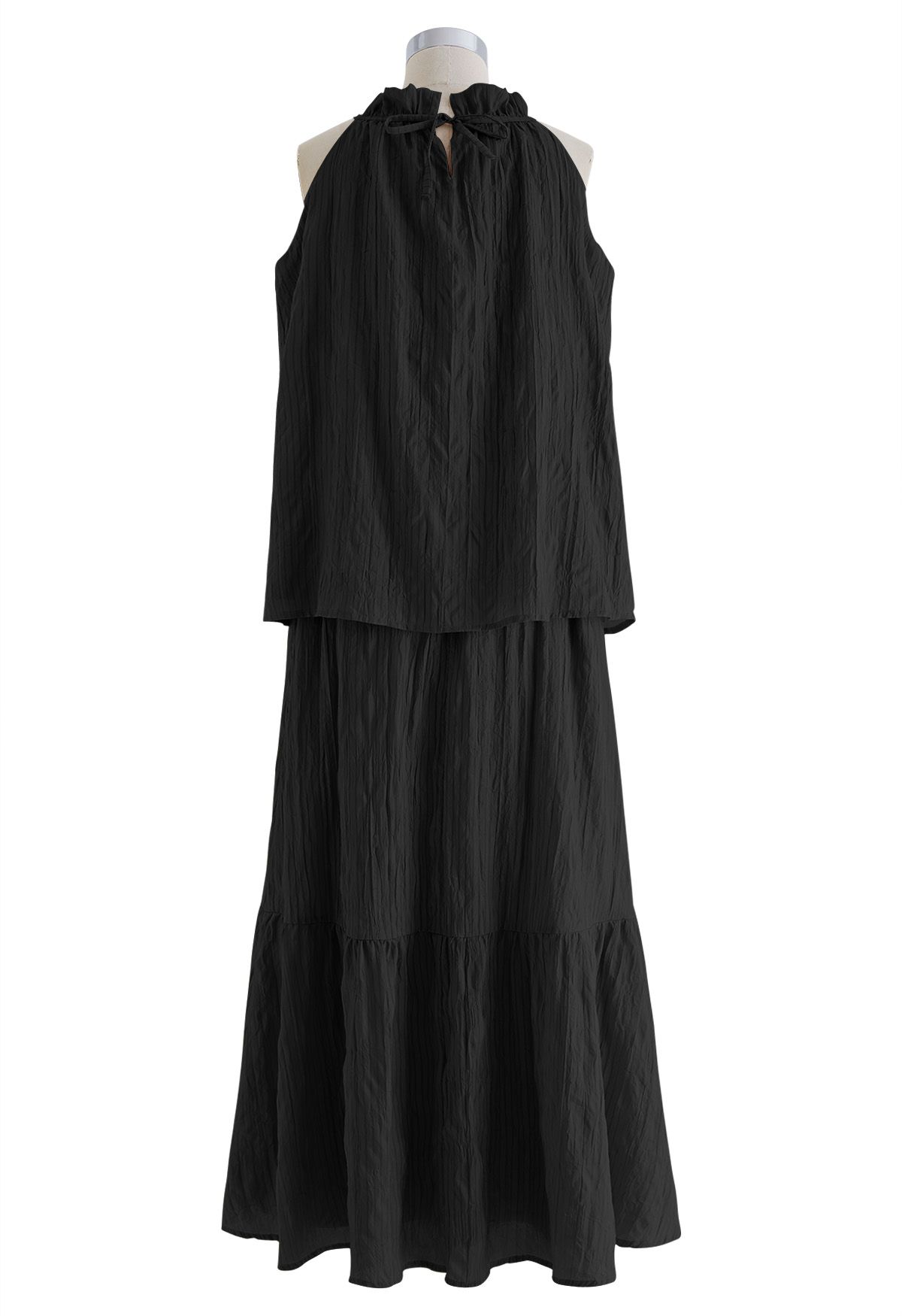 Striped Halter Top and Frilling Maxi Skirt Set in Black