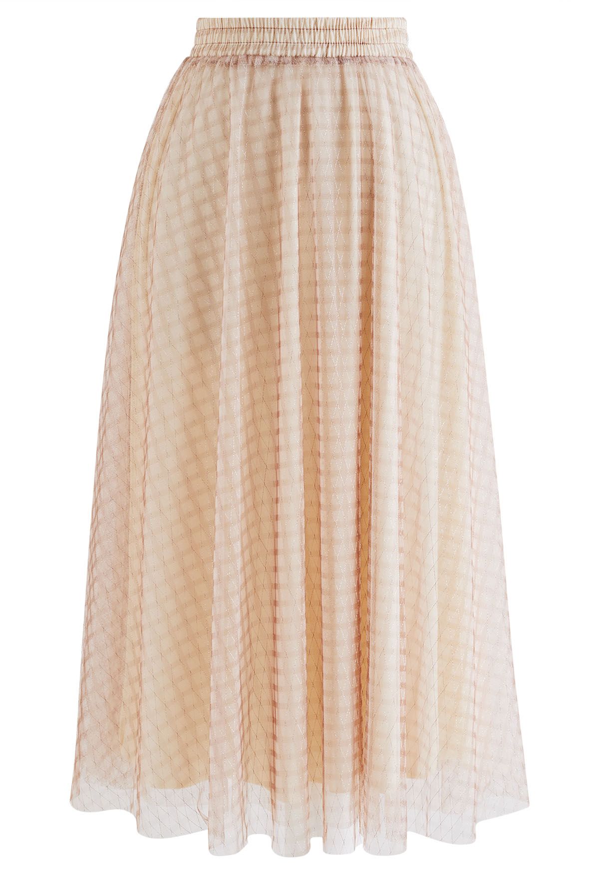 Metallic Thread Diamond-Shape Mesh Tulle Skirt in Tan