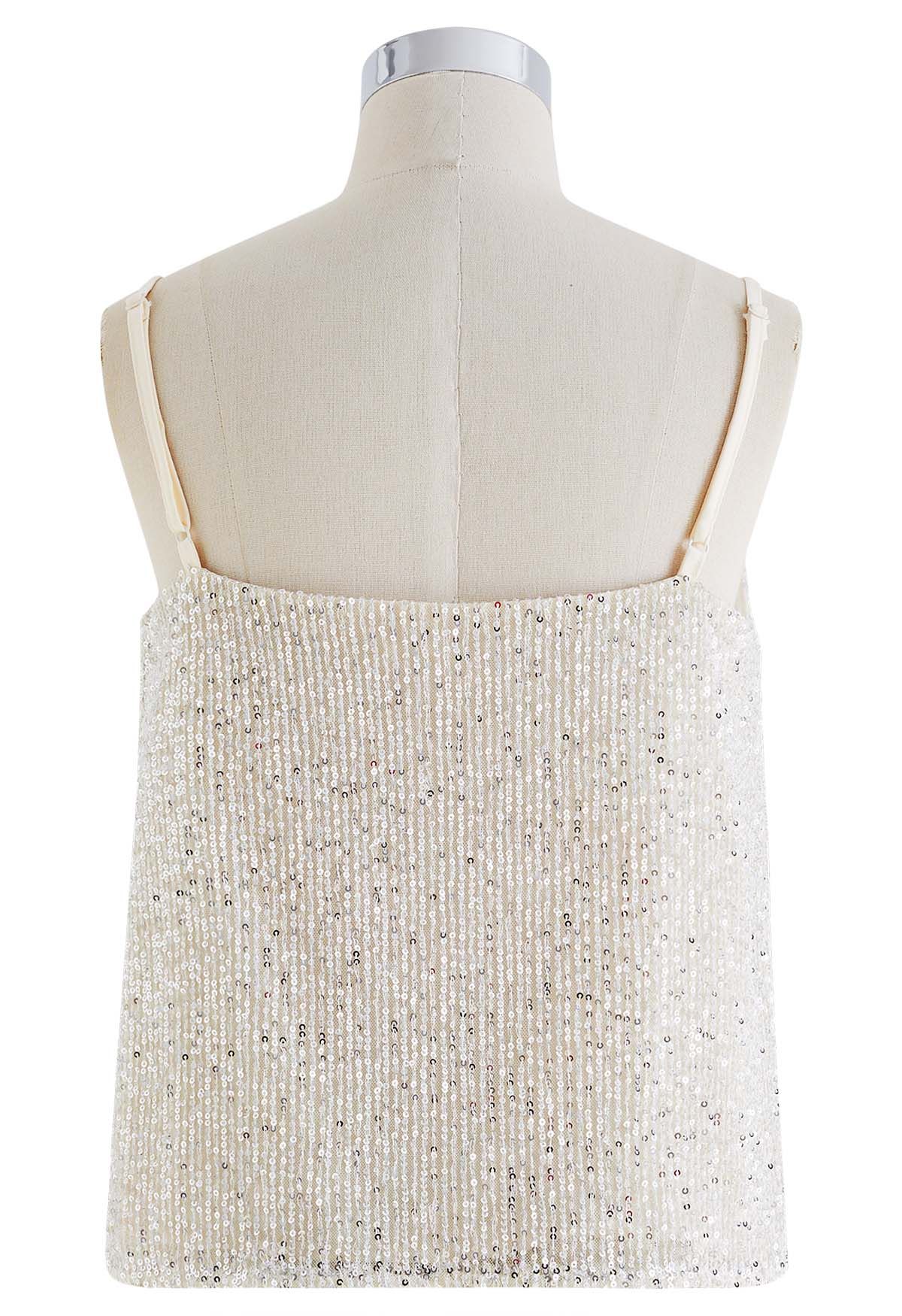 Cowl Neck Sequined Cami Top in Silver