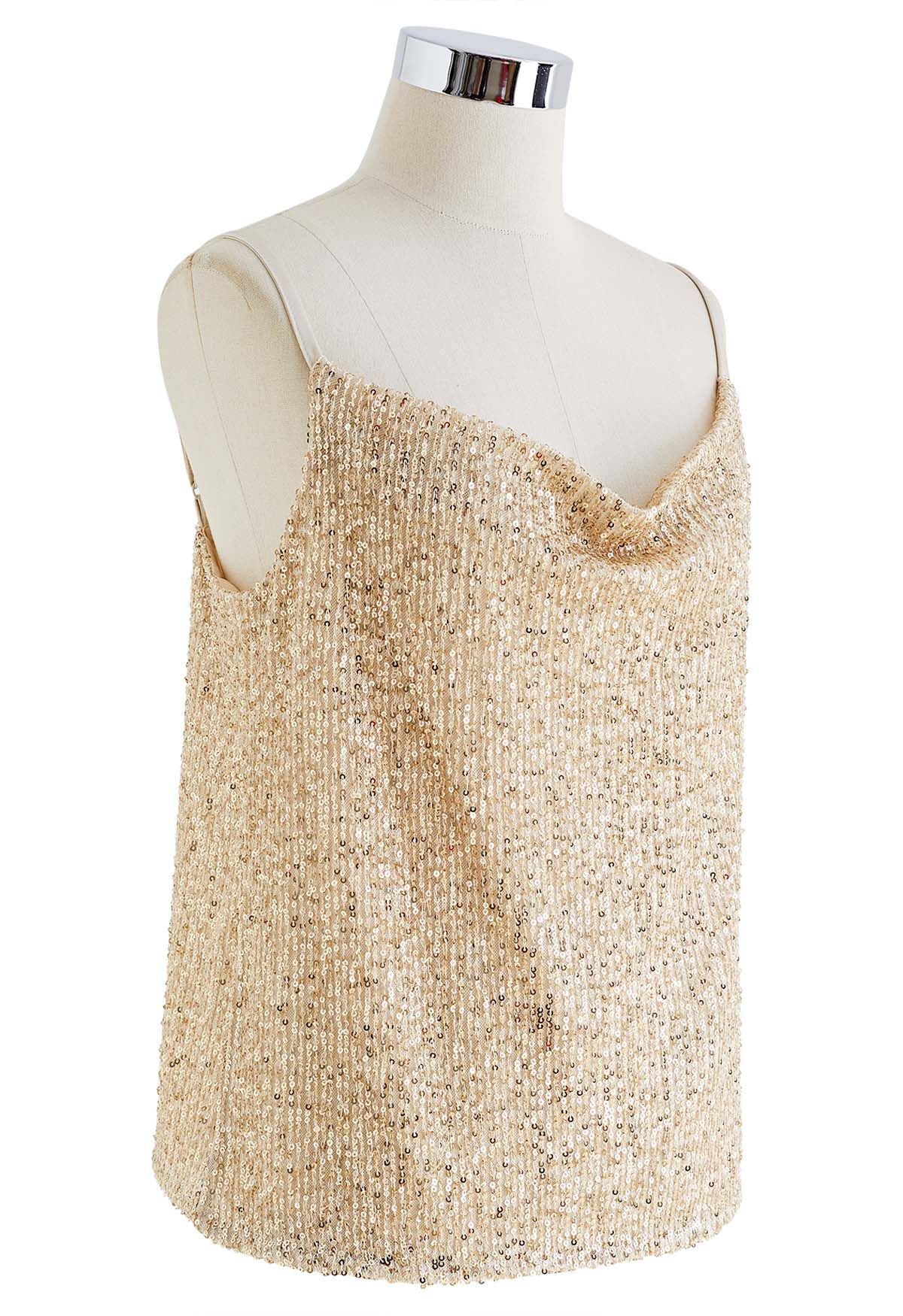 Cowl Neck Sequined Cami Top in Gold - Retro, Indie and Unique Fashion
