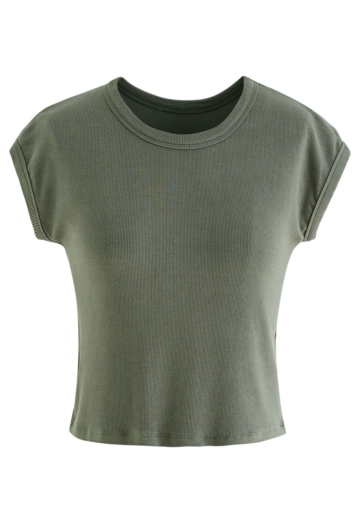 Elegant Crew Neck Cotton Crop Top in Olive