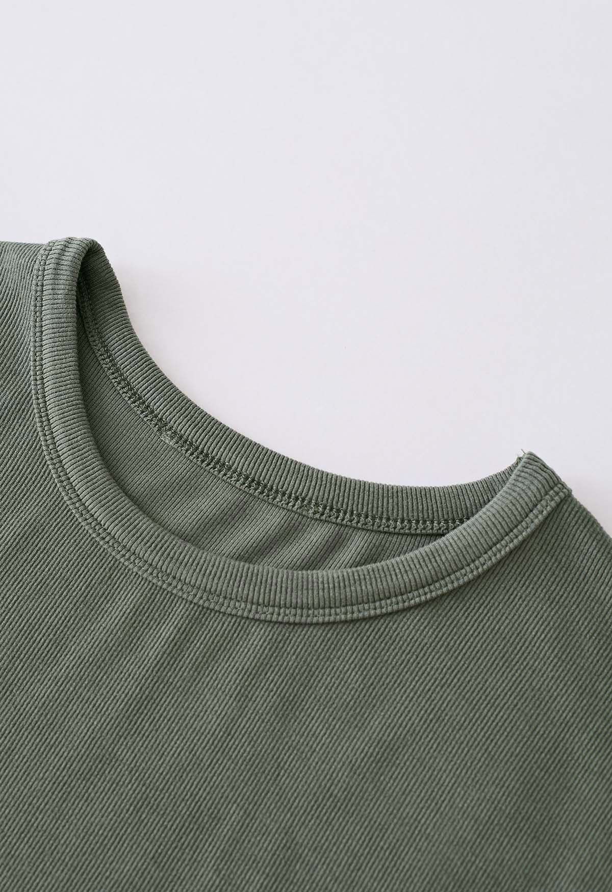 Elegant Crew Neck Cotton Crop Top in Olive