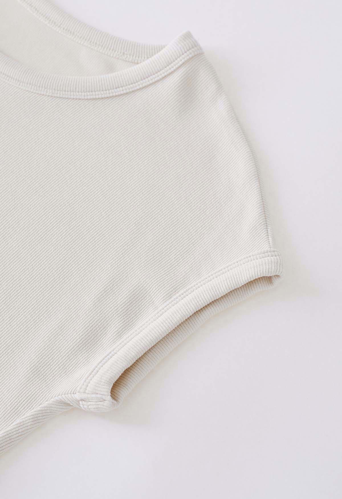 Elegant Crew Neck Cotton Crop Top in Cream