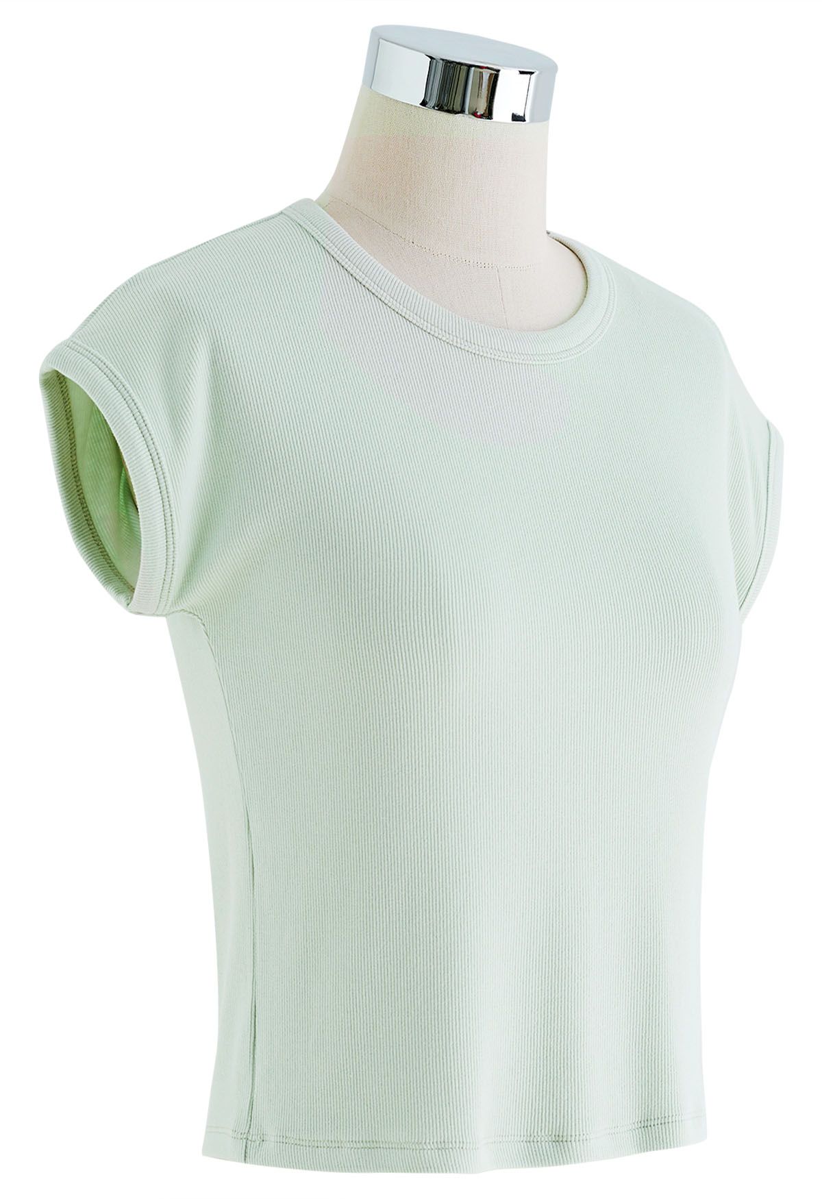 Elegant Crew Neck Cotton Crop Top in Mint