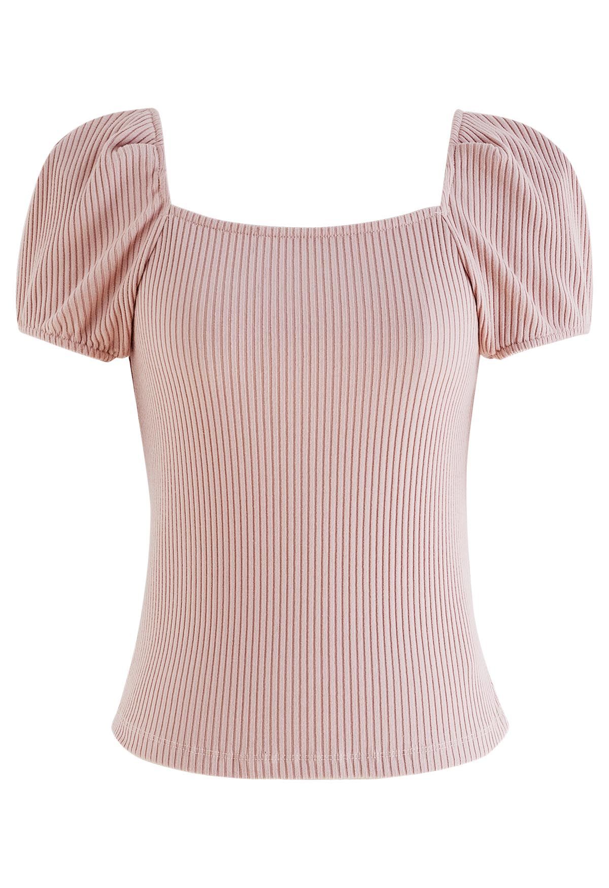 Square Neck Puff Shoulder Cotton Top in Pink - Retro, Indie and Unique ...