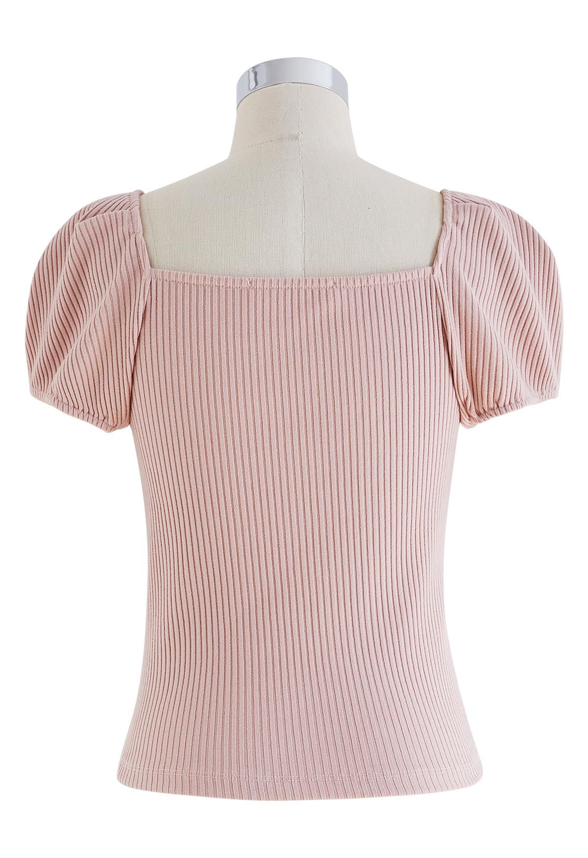 Square Neck Puff Shoulder Cotton Top in Pink