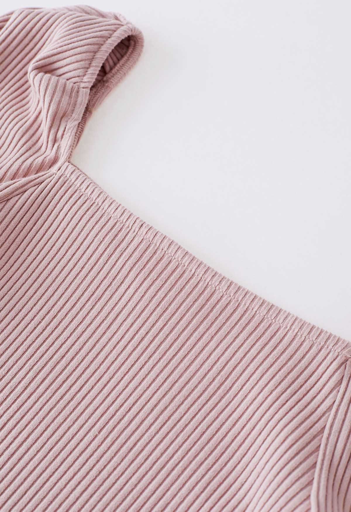 Square Neck Puff Shoulder Cotton Top in Pink