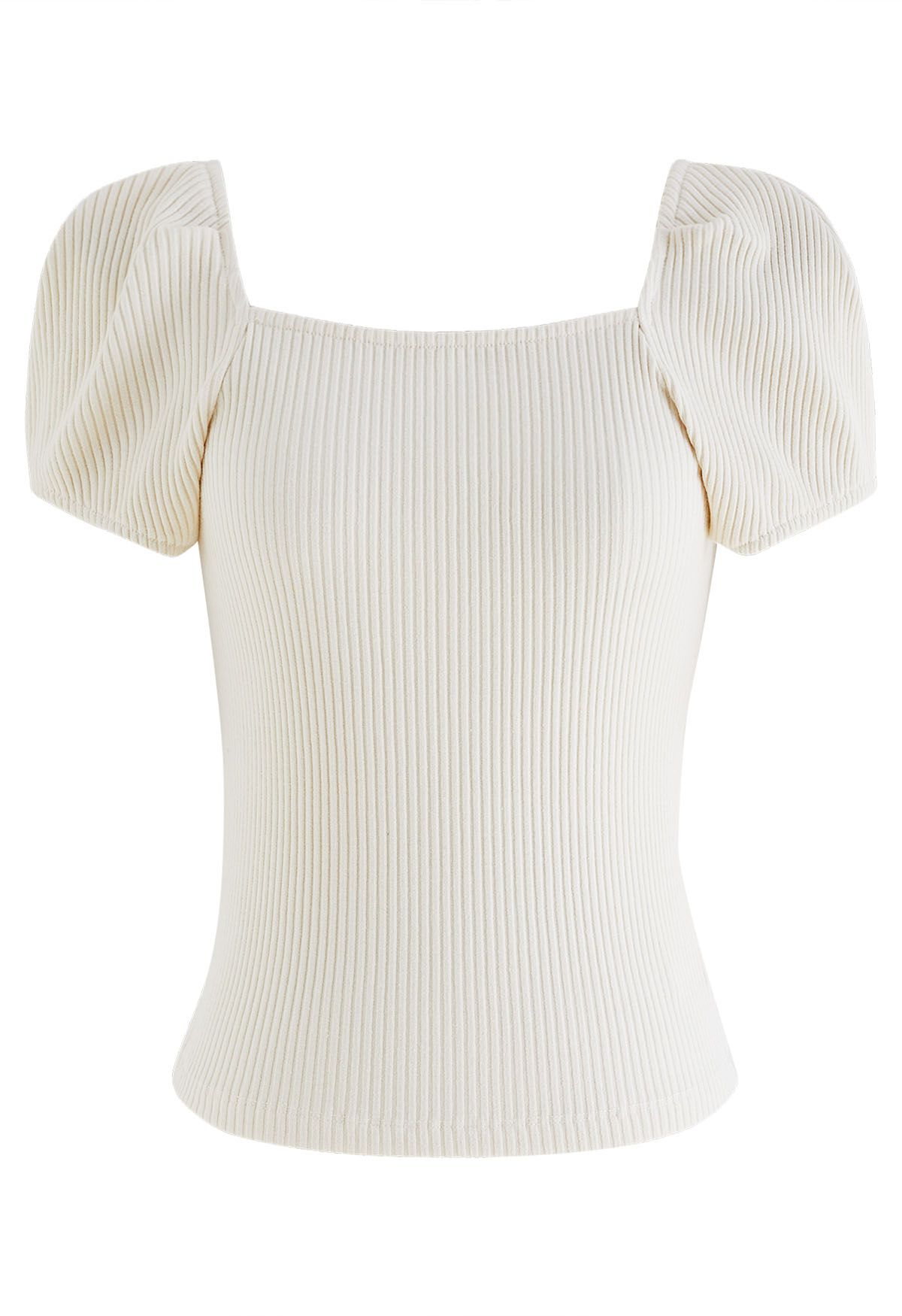 Square Neck Puff Shoulder Cotton Top in Cream