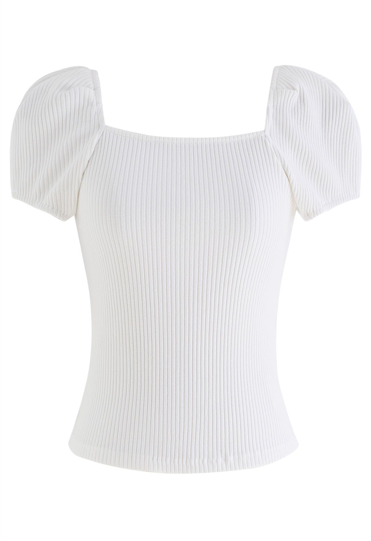 Square Neck Puff Shoulder Cotton Top in White