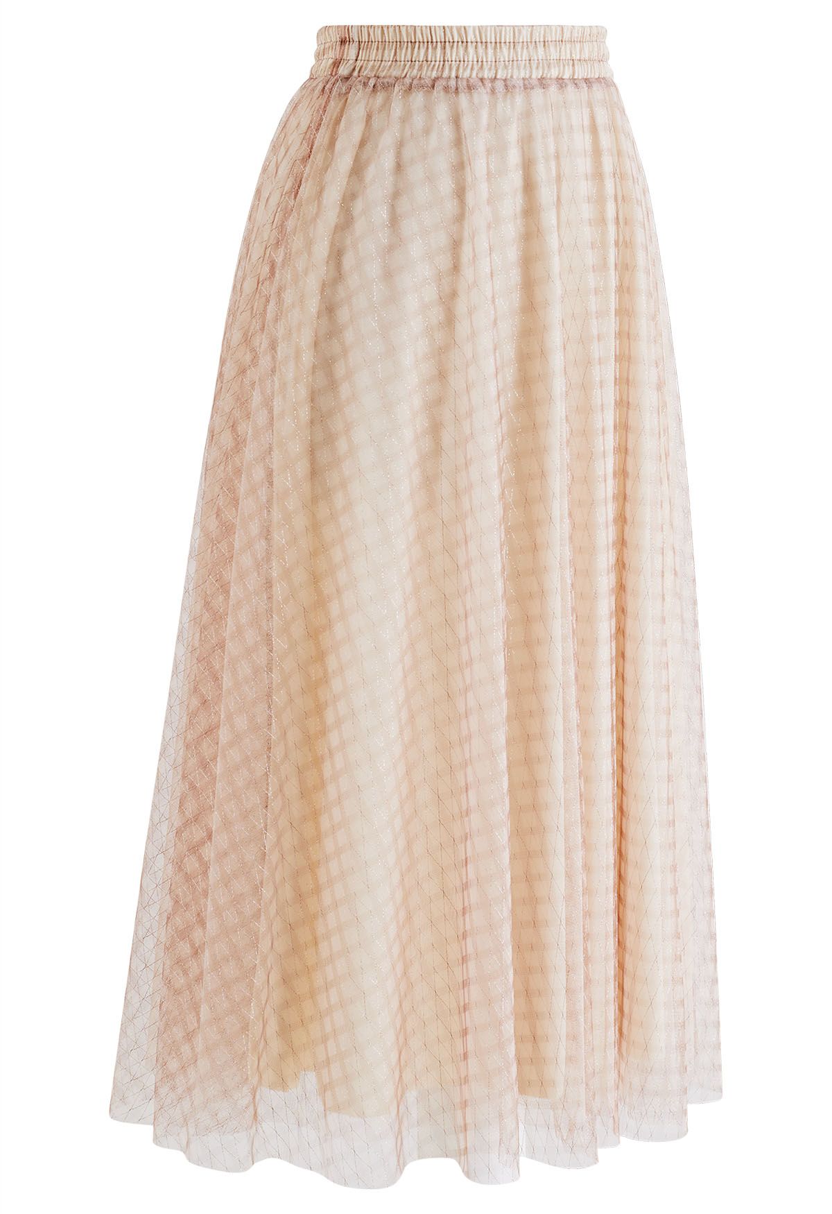 Metallic Thread Diamond-Shape Mesh Tulle Skirt in Tan