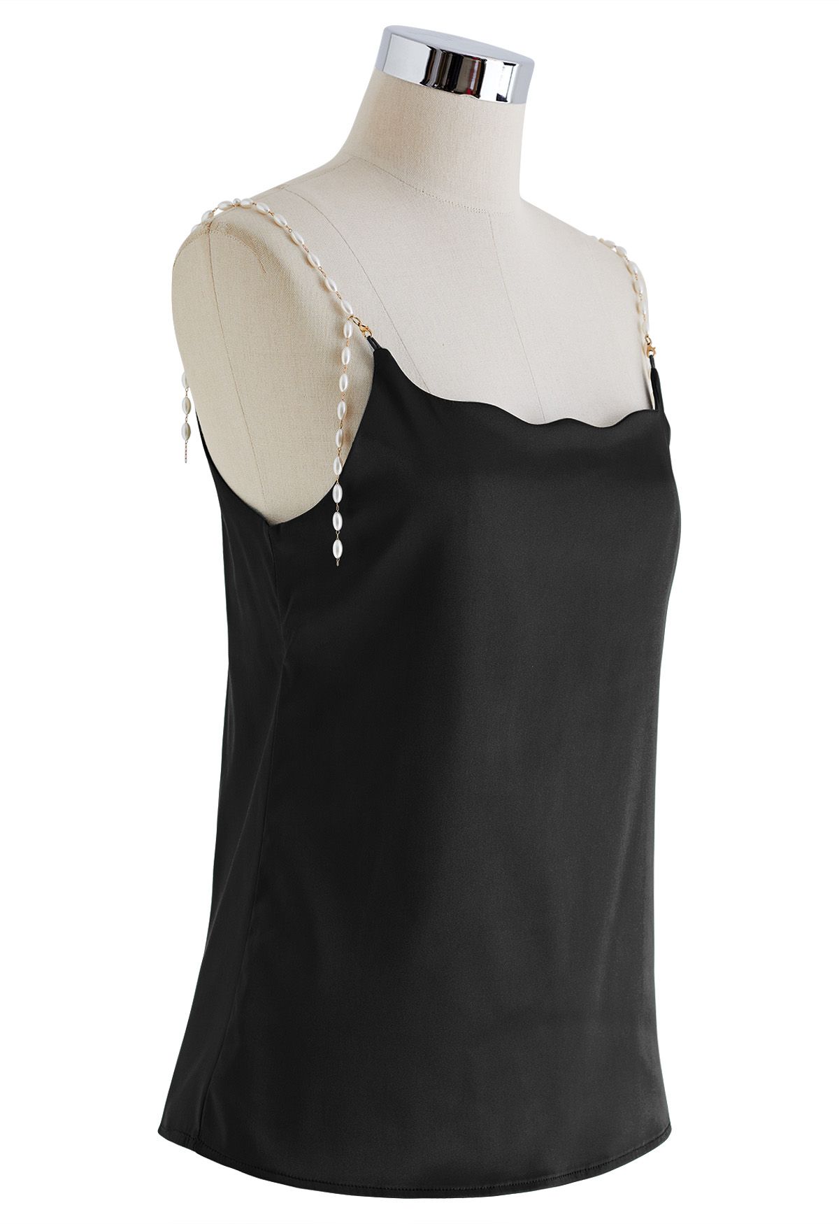 Pearly Straps Satin Cami Top in Black