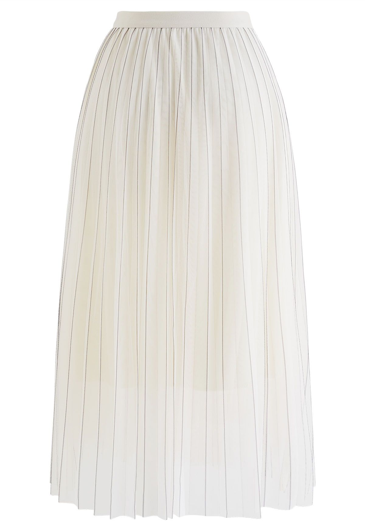 Contrast Lines Pleated Mesh Tulle Midi Skirt in Cream - Retro, Indie ...