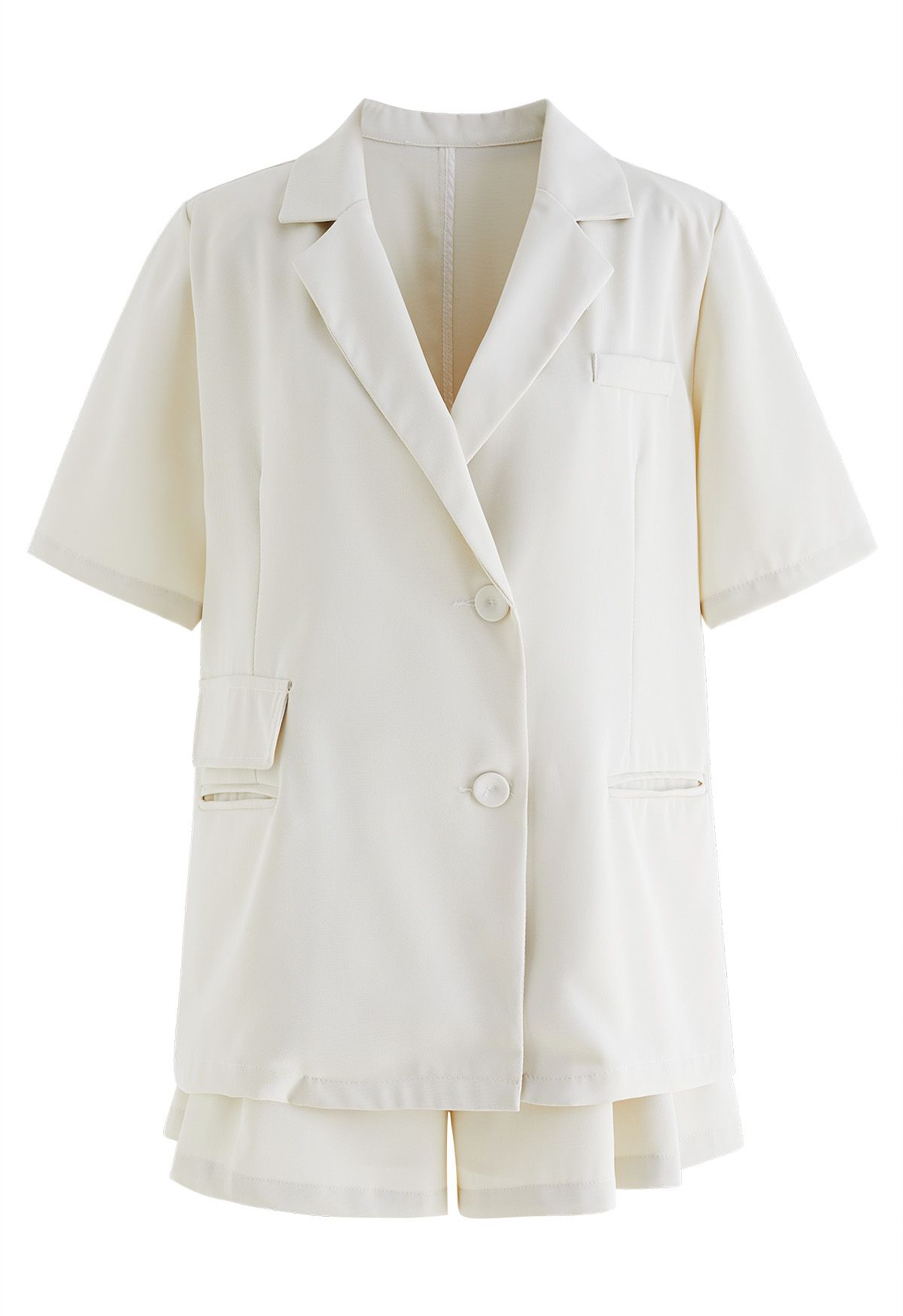 Buttoned Slit Back Blazer and Shorts Set in Ivory