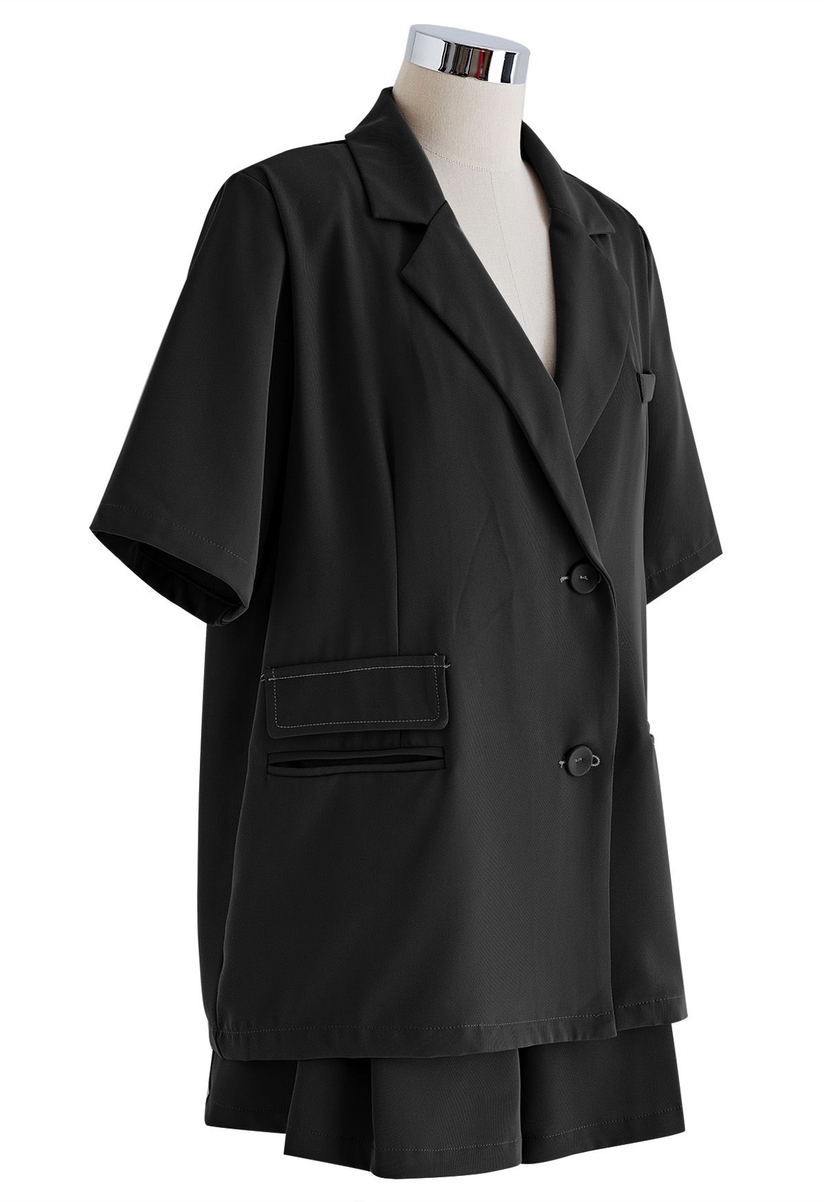 Buttoned Slit Back Blazer and Shorts Set in Black