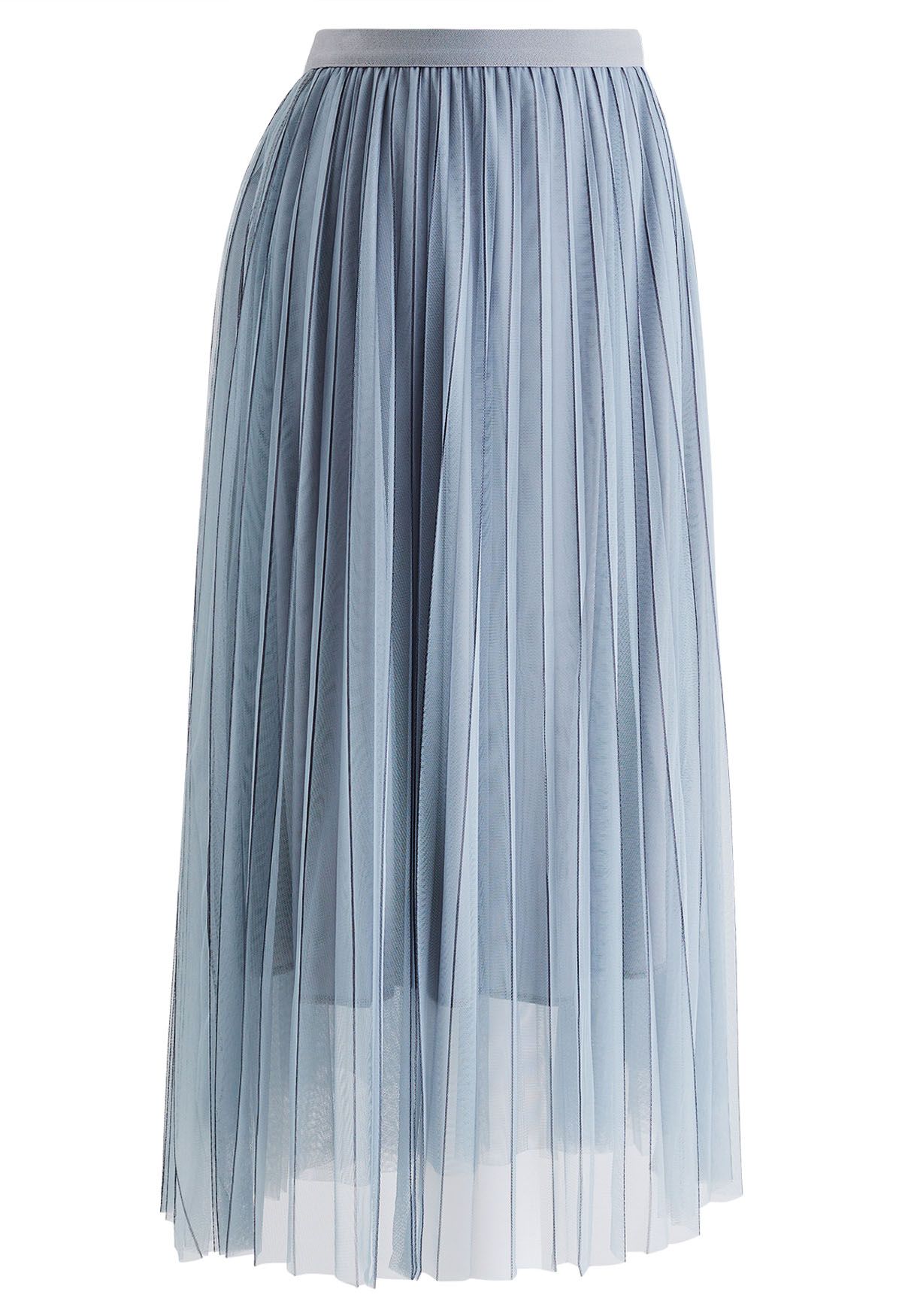 Contrast Lines Pleated Mesh Tulle Midi Skirt in Dusty Blue - Retro ...