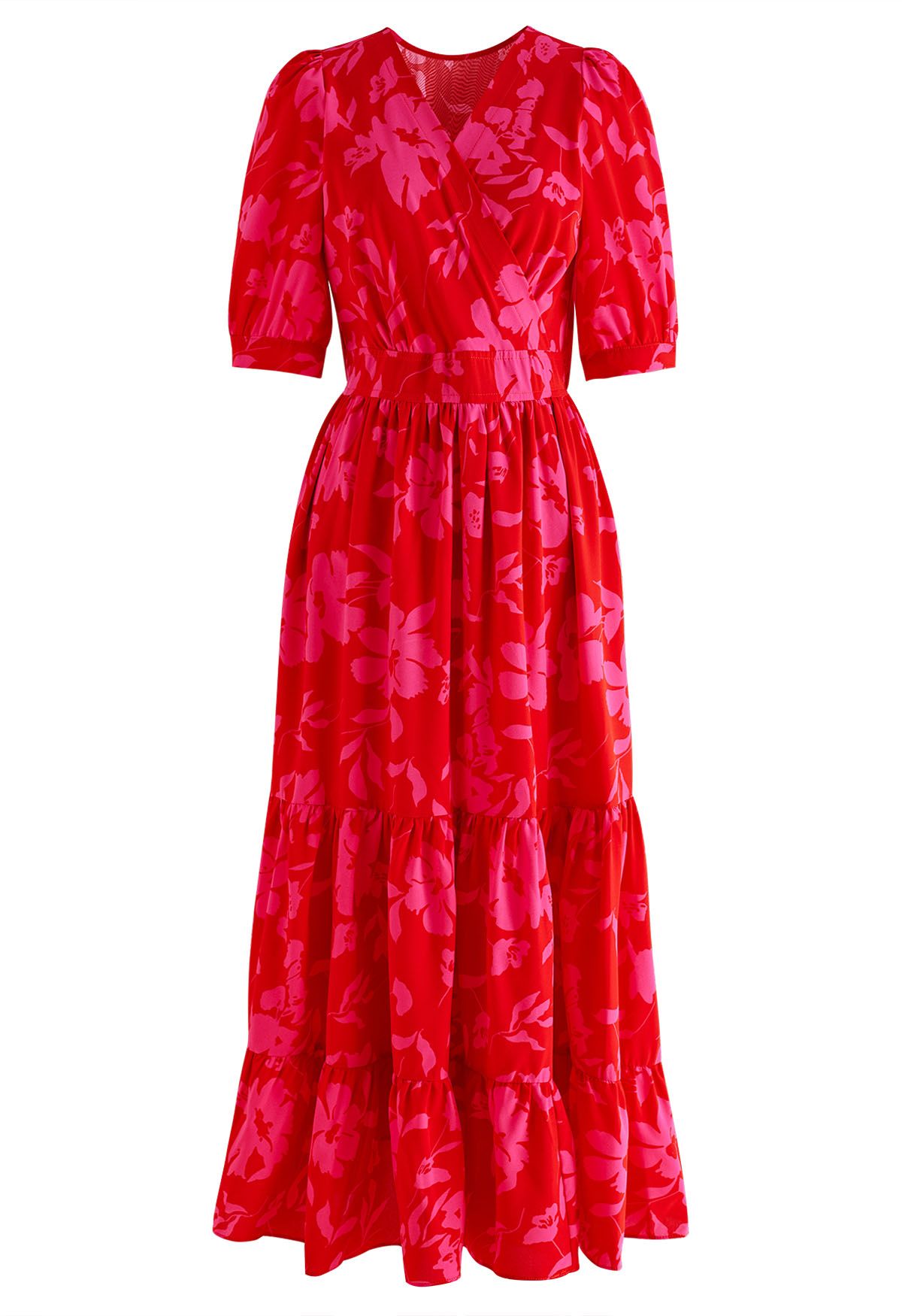 Red Floral Frilling Wrapped Dress - Retro, Indie and Unique Fashion