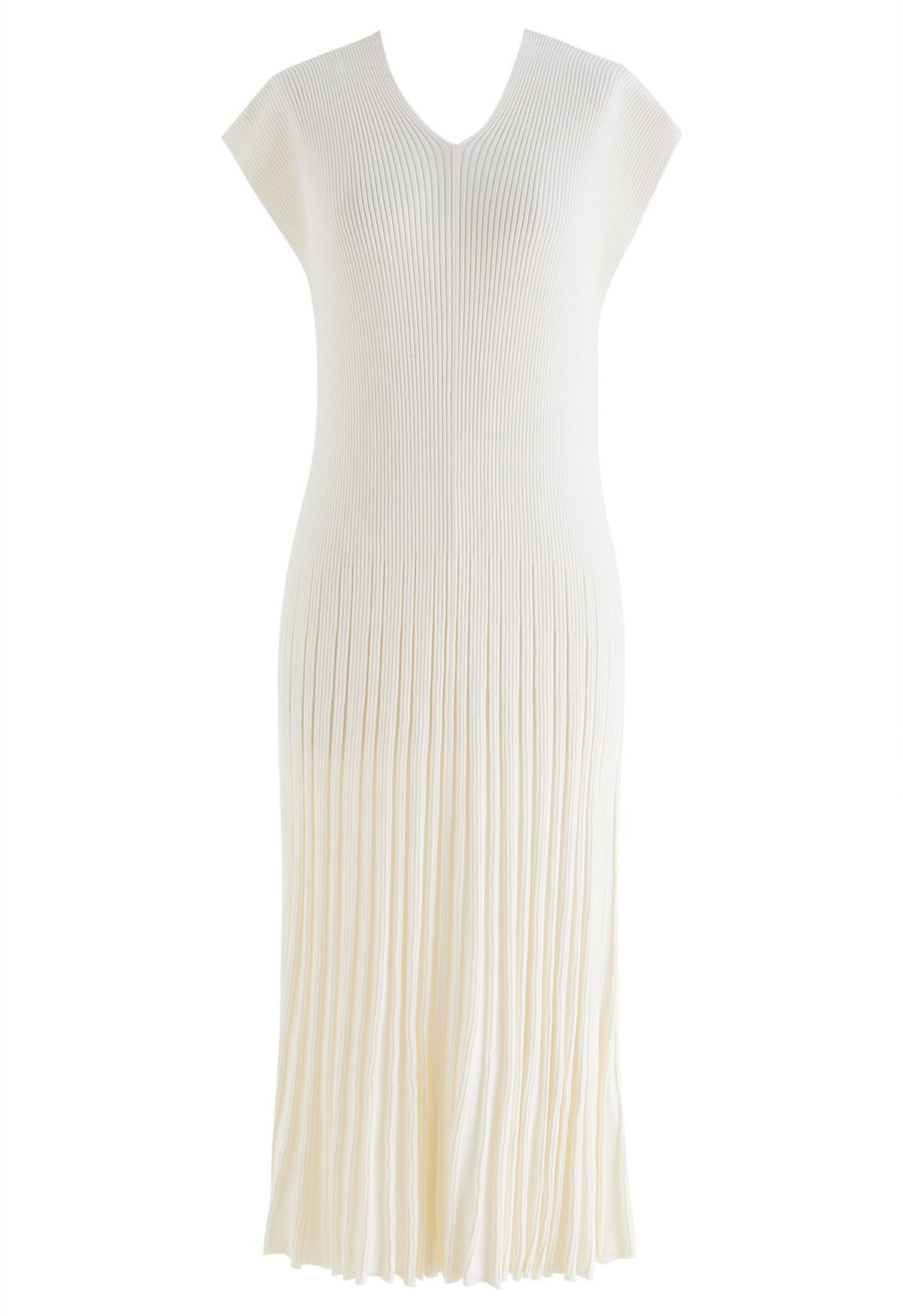 V-Neck Short-Sleeve Pleated Knit Dress in Cream