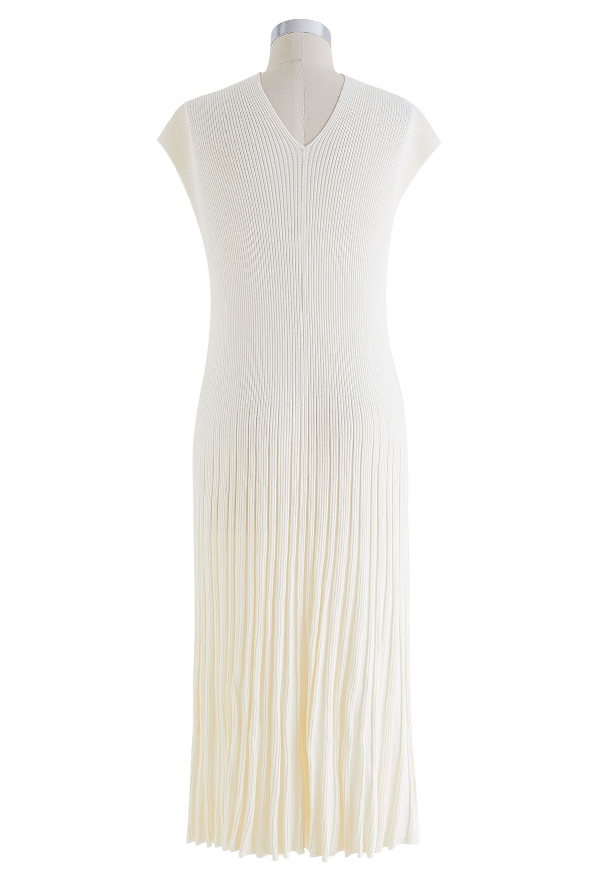 V-Neck Short-Sleeve Pleated Knit Dress in Cream - Retro, Indie and ...