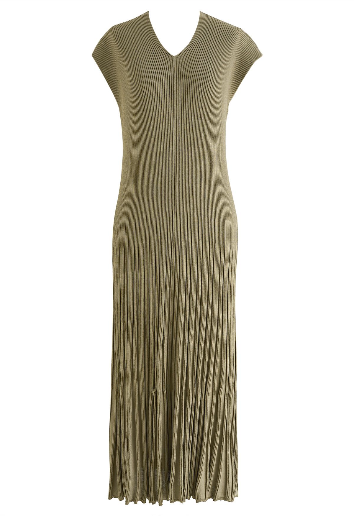 V-Neck Short-Sleeve Pleated Knit Dress in Olive