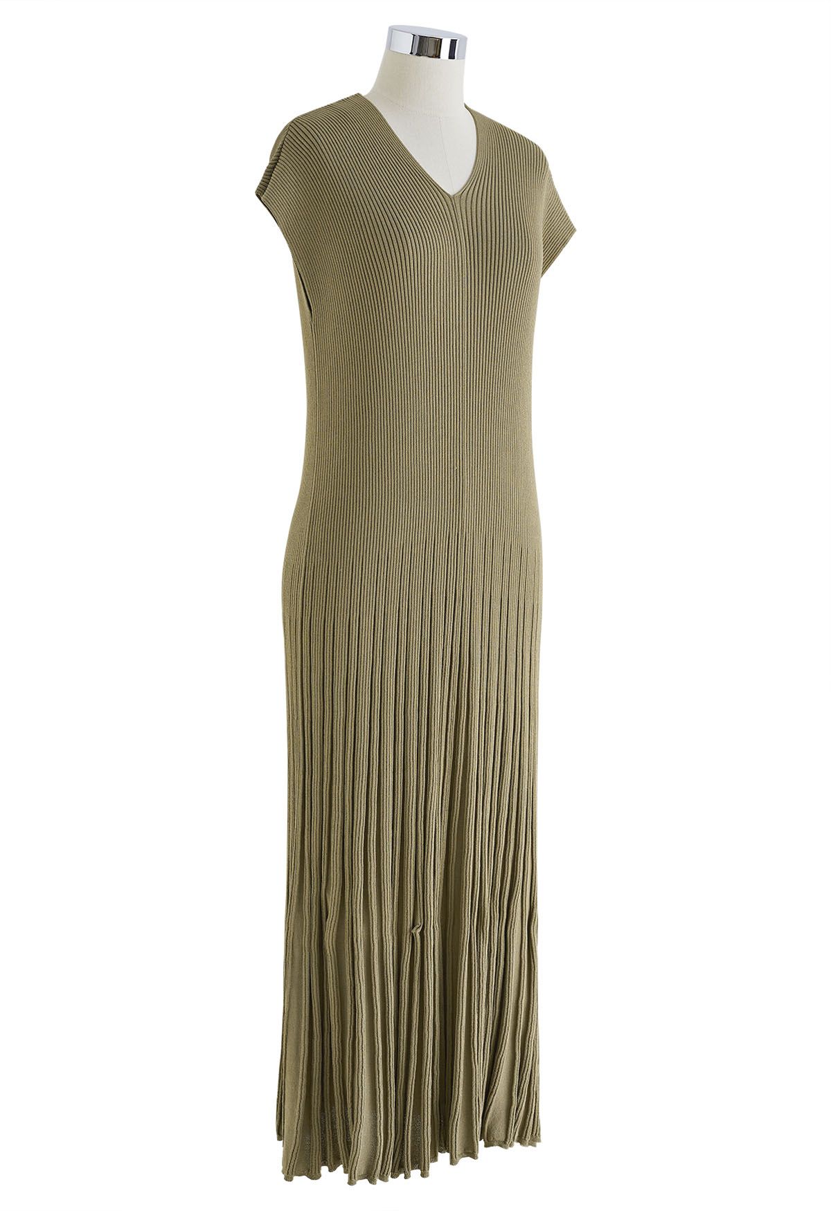 V-Neck Short-Sleeve Pleated Knit Dress in Olive