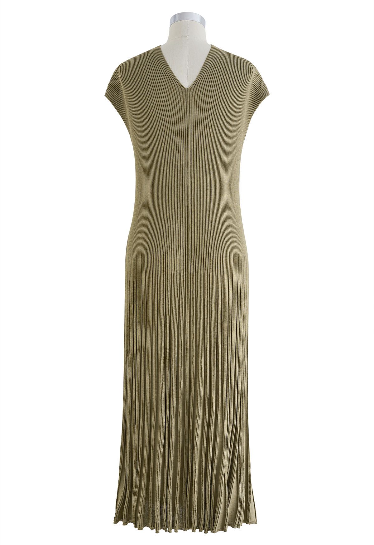 V-Neck Short-Sleeve Pleated Knit Dress in Olive