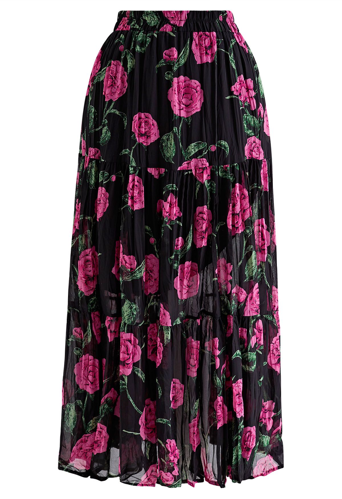 Violet Floral Printed Chiffon Maxi Skirt in Black