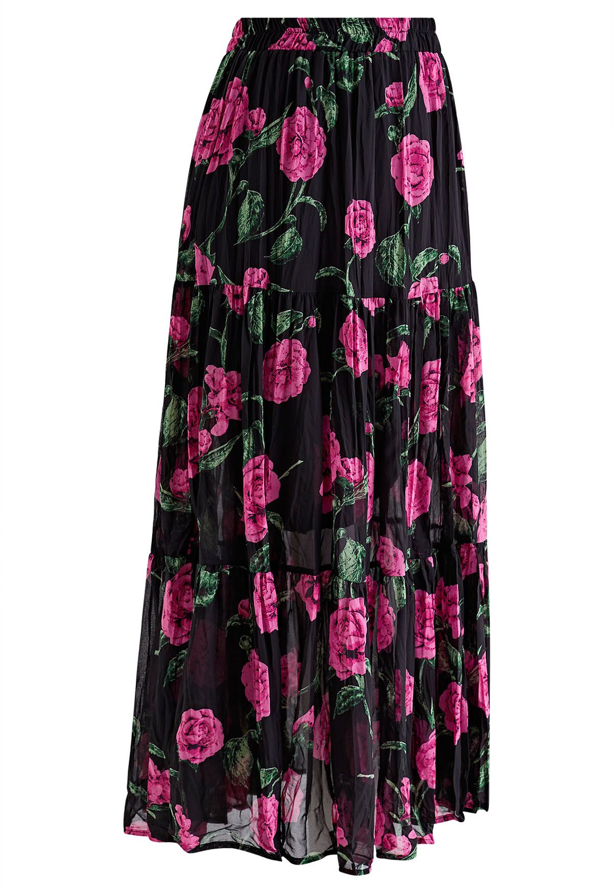 Violet Floral Printed Chiffon Maxi Skirt in Black