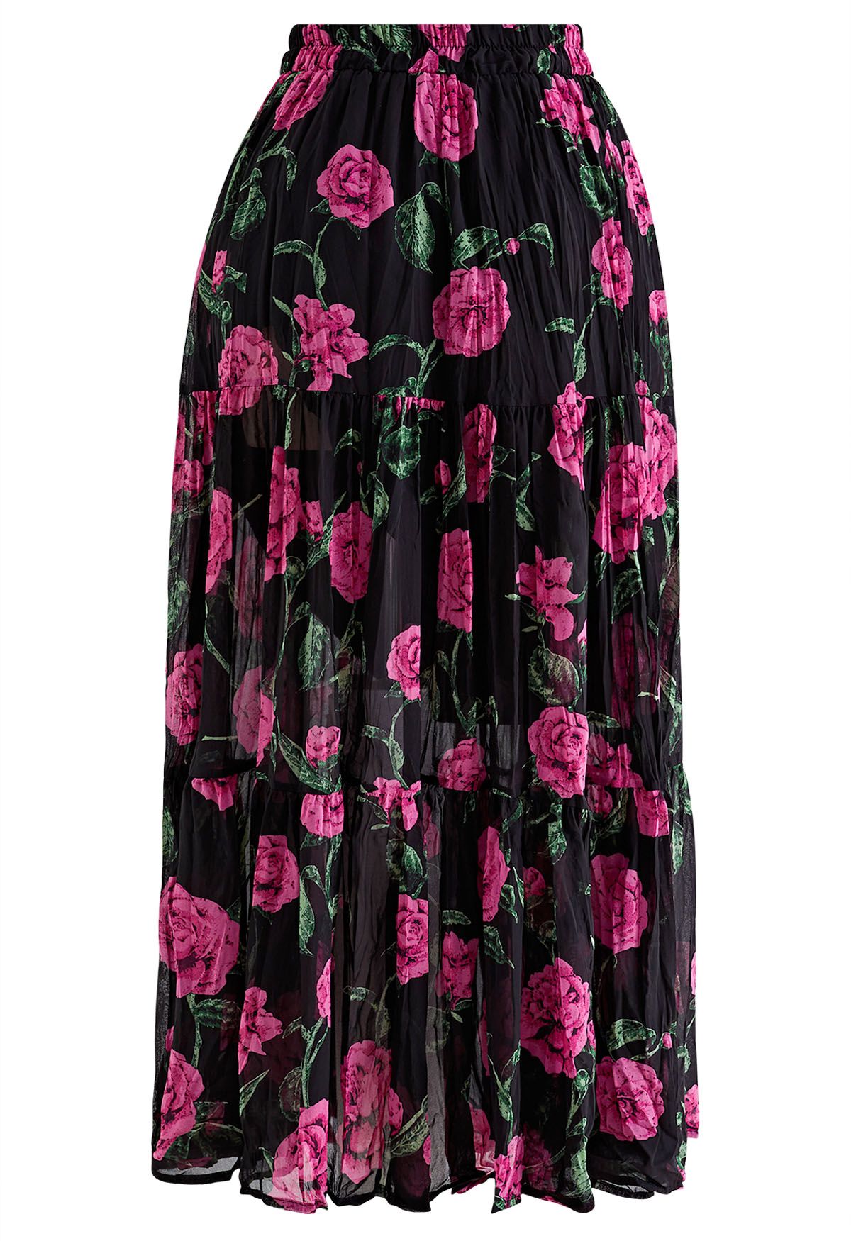 Violet Floral Printed Chiffon Maxi Skirt in Black