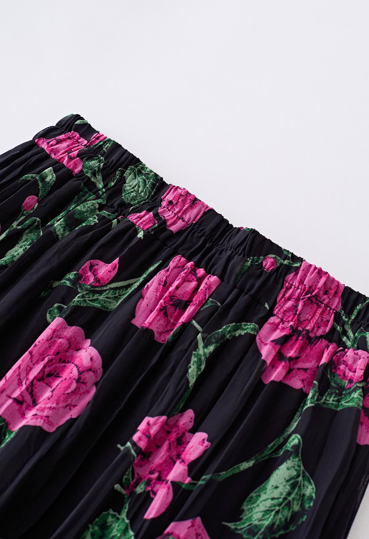 Violet Floral Printed Chiffon Maxi Skirt in Black