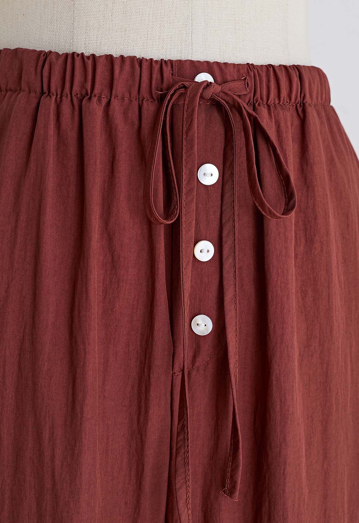 Elastic Drawstring Waist Straight Leg Pants in Burgundy