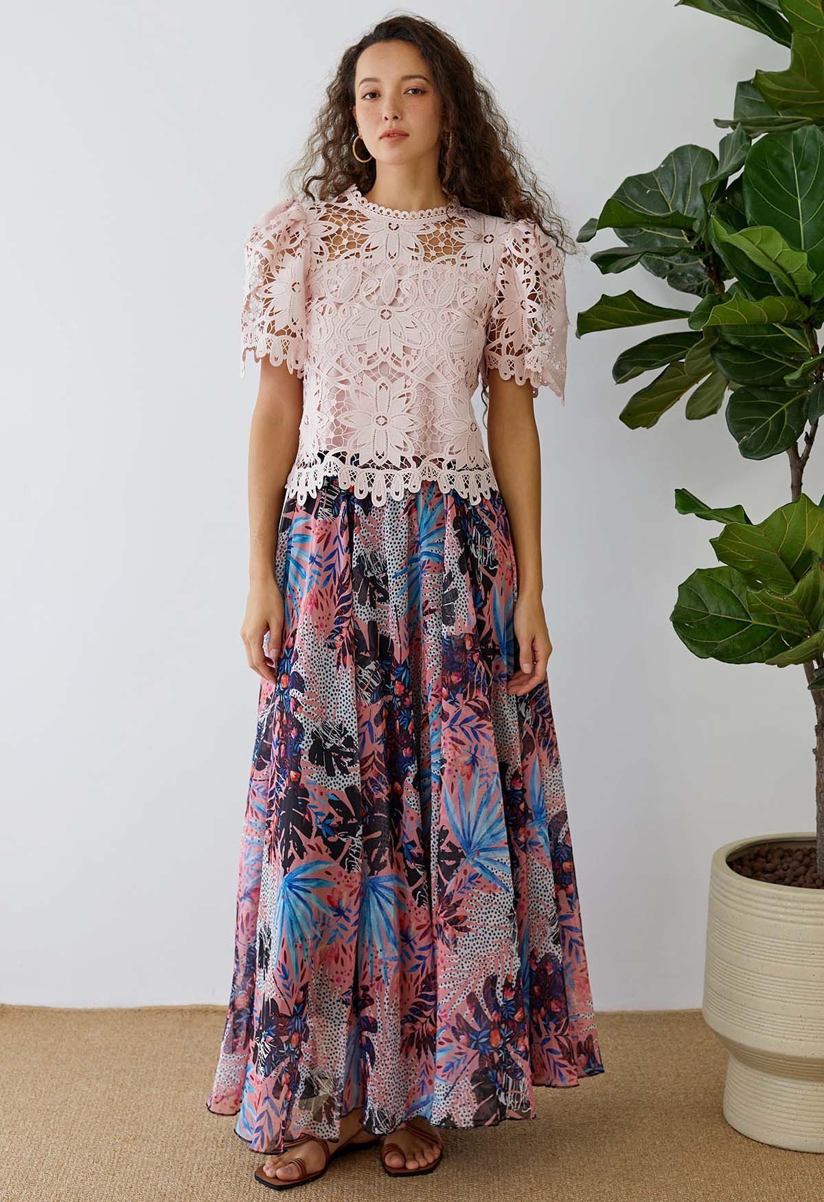 Tropical Jungle Printed Chiffon Maxi Skirt