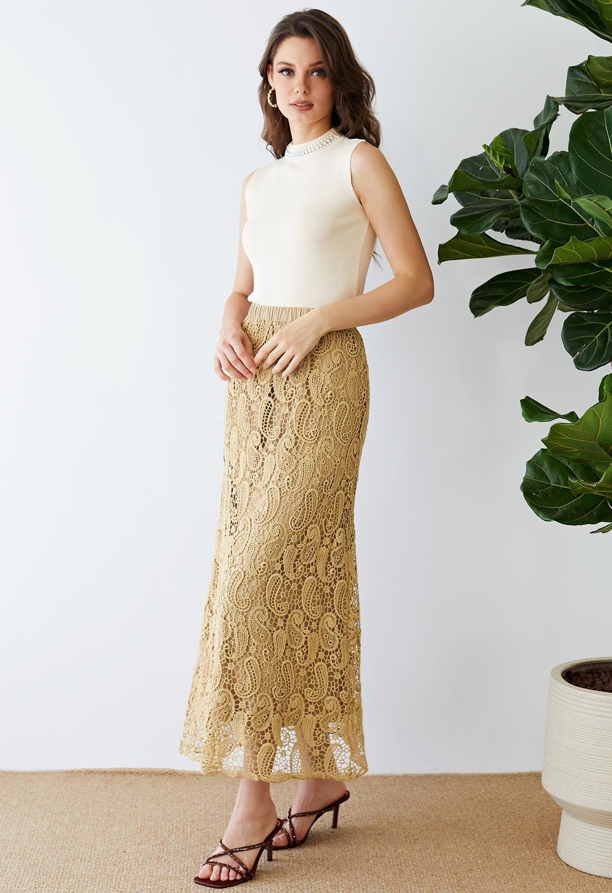 Paisley Cutwork Lace Maxi Skirt in Tan