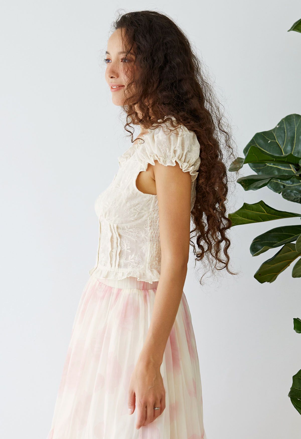 Ruffle Edge Embroidered Floret Crop Top