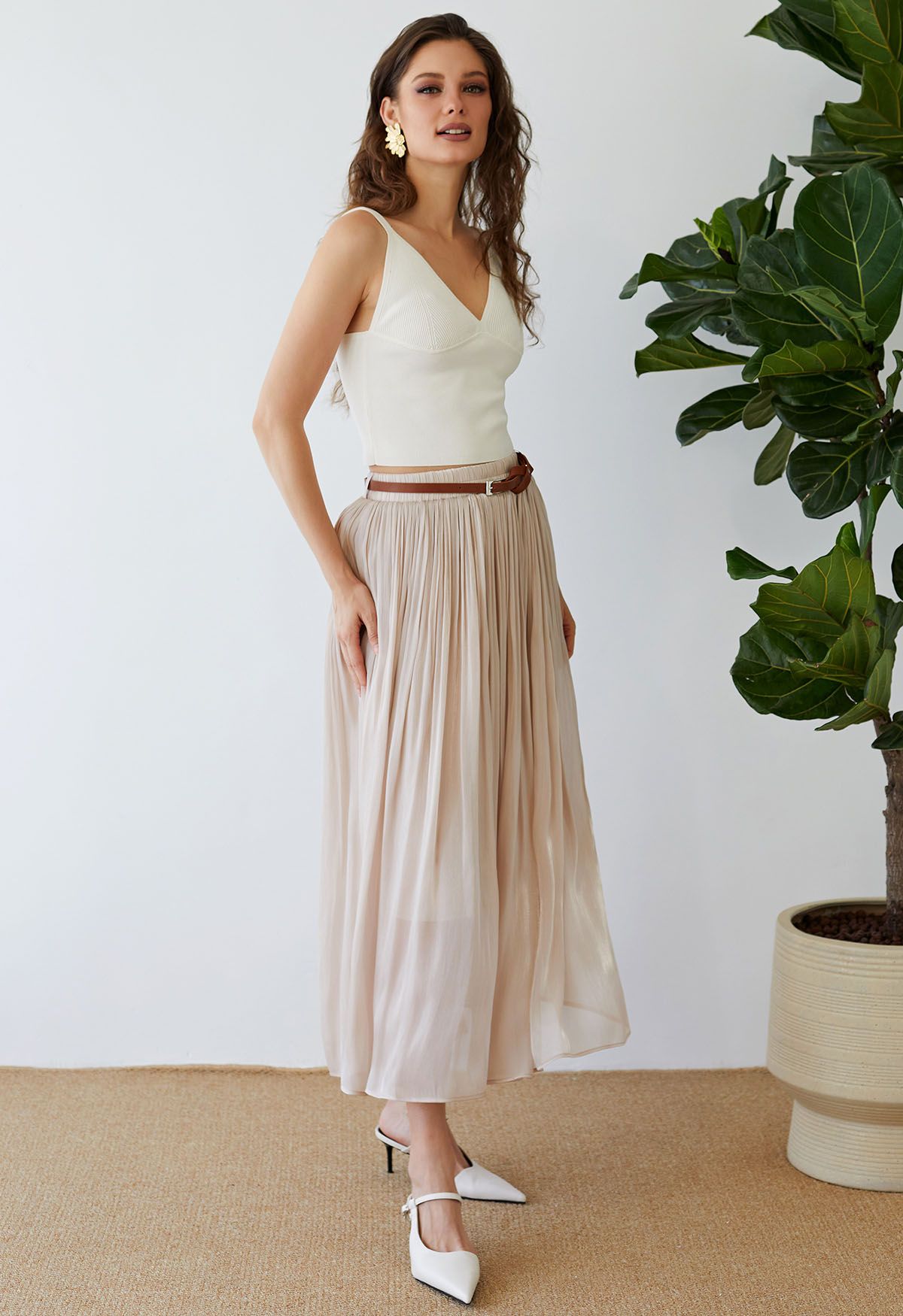 Shimmery Pleated Belt Maxi Skirt in Blush