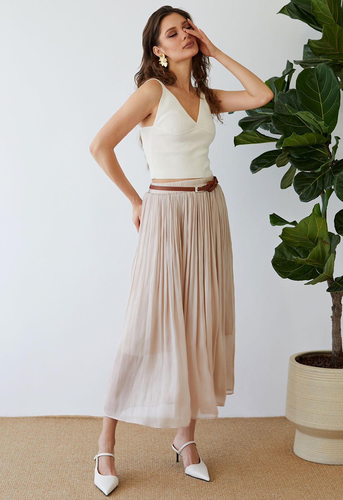 Shimmery Pleated Belt Maxi Skirt in Blush