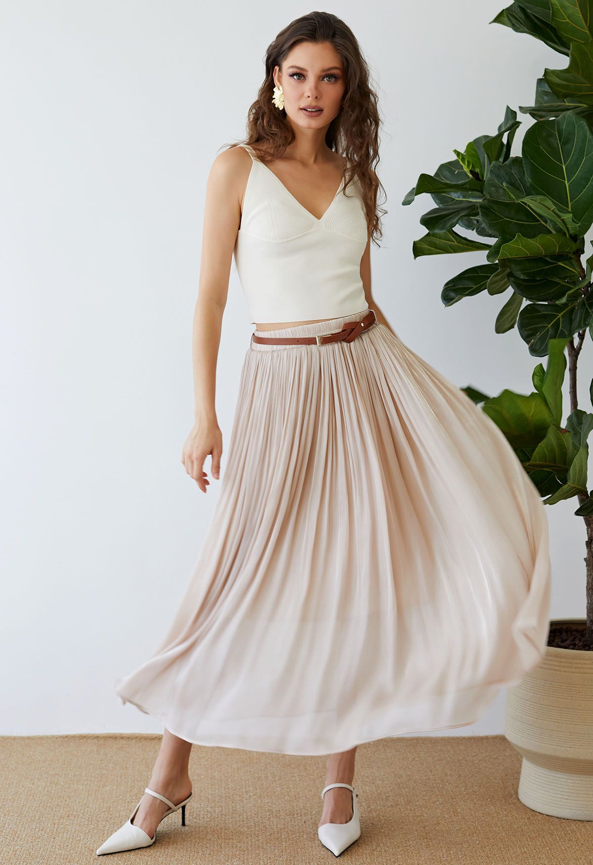 Shimmery Pleated Belt Maxi Skirt in Blush