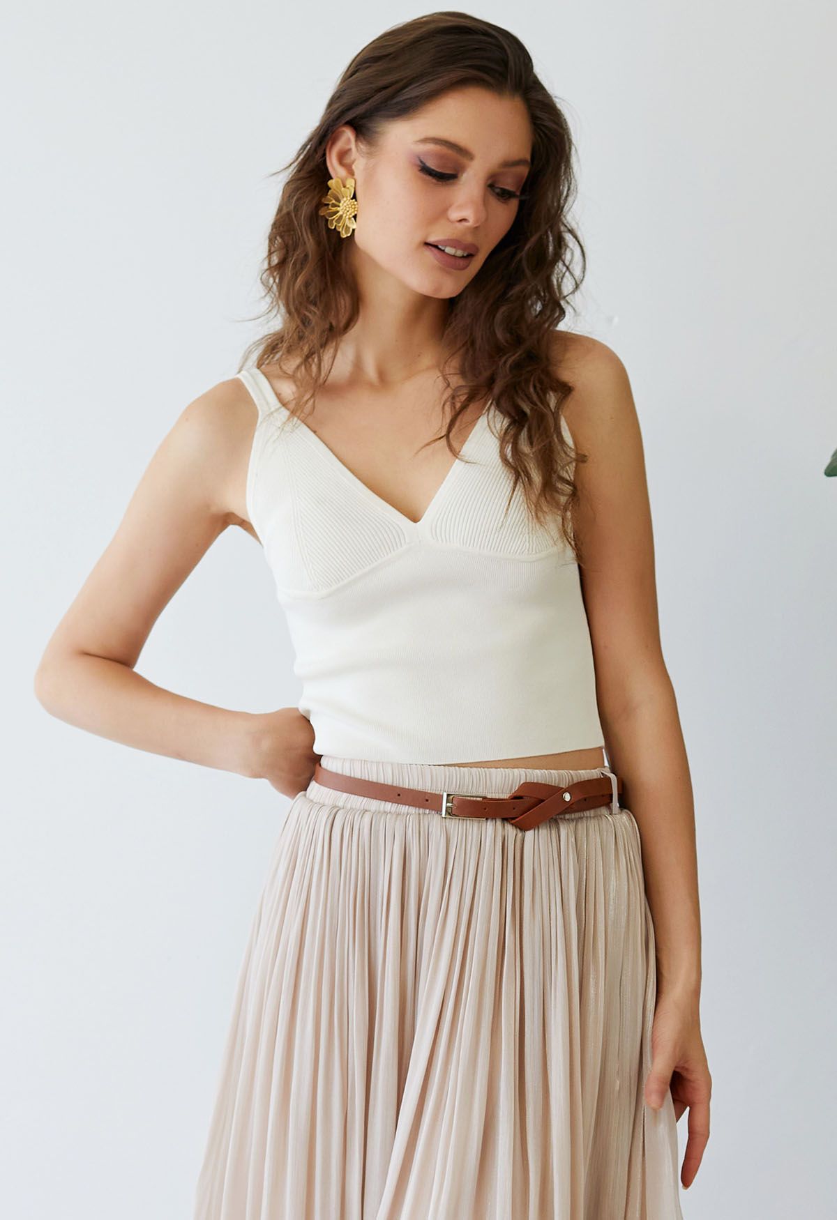 V-Neck Rib Cami Crop Top in Ivory