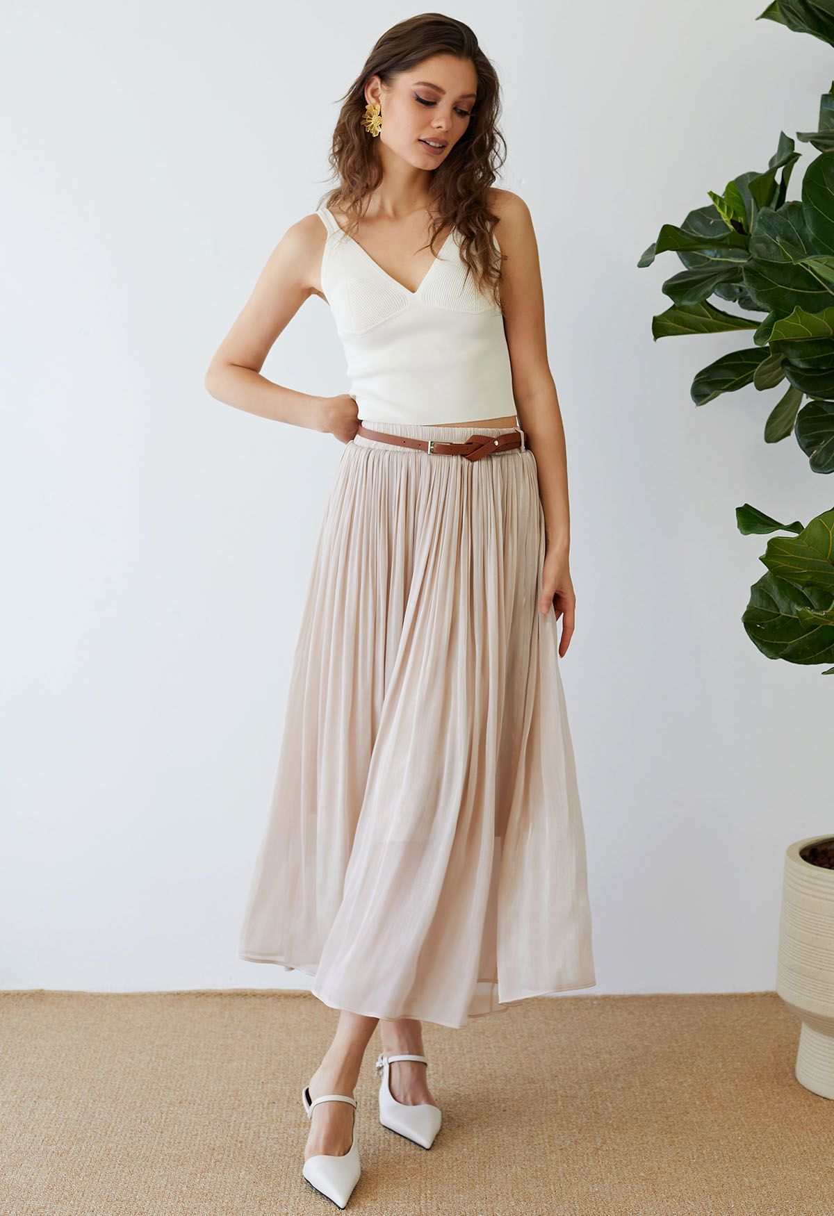 Shimmery Pleated Belt Maxi Skirt in Blush