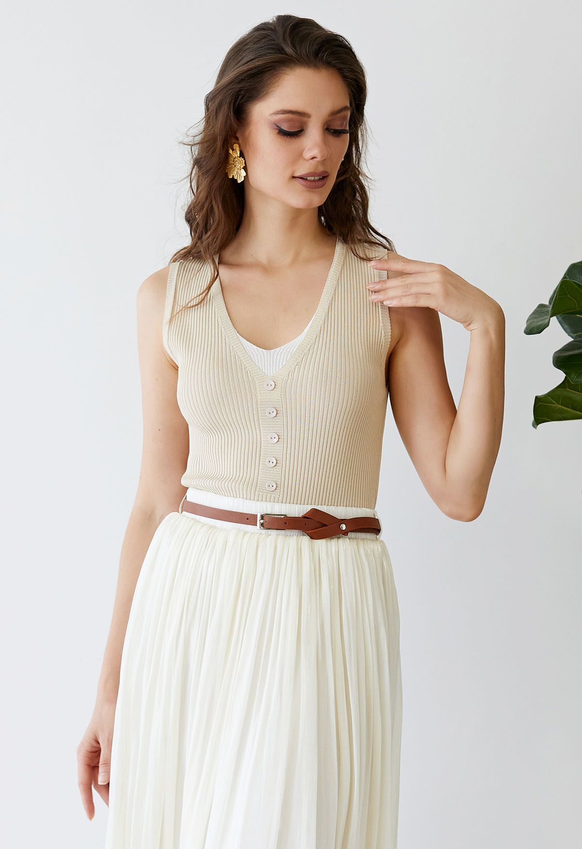 Fake Two-Piece Buttoned Ribbed Knit Top in Sand