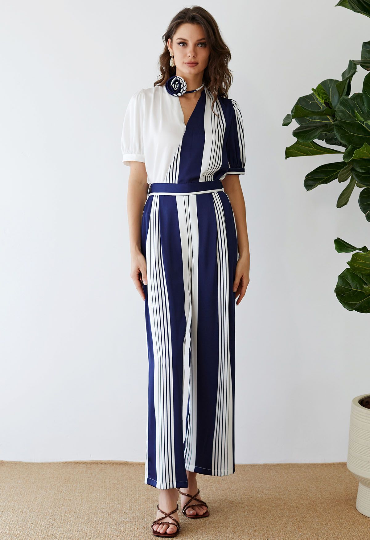 Contrast Stripe Straight-Leg Satin Pants in Navy