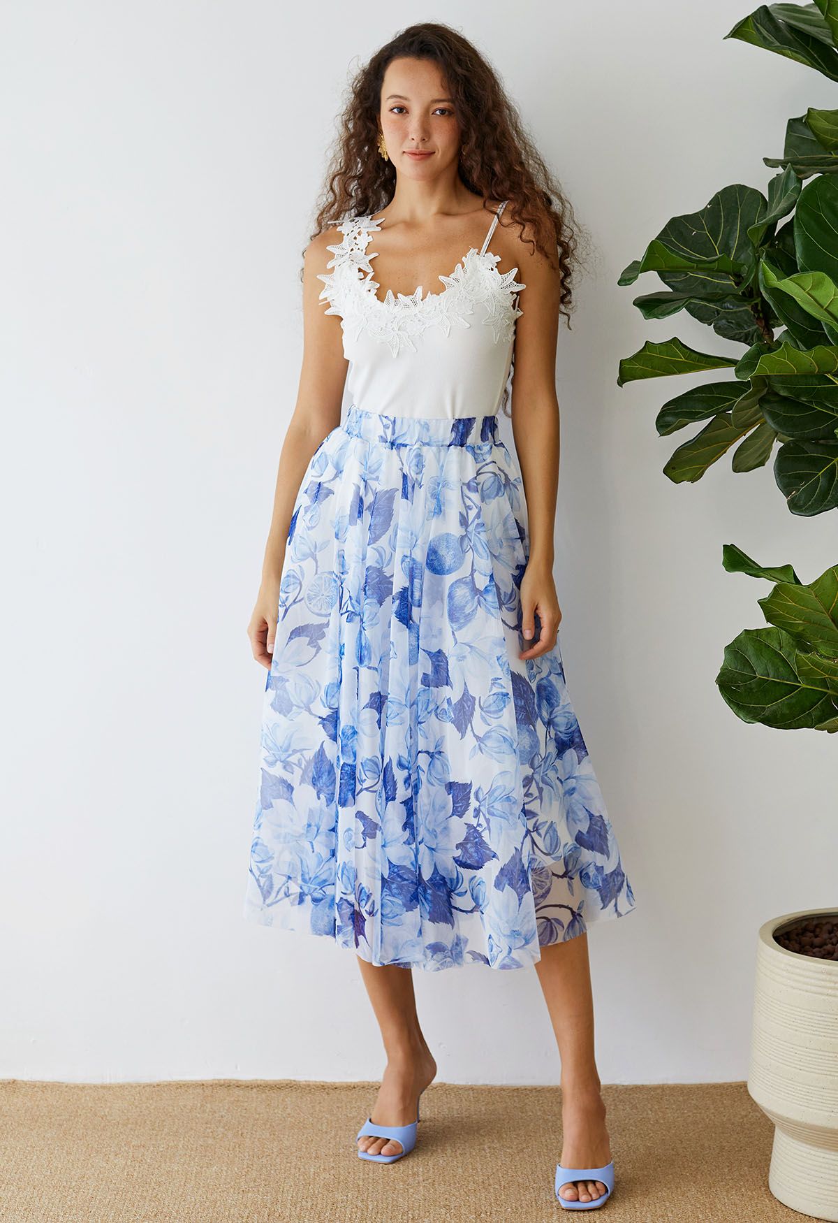 Indigo Lemon Printed Mesh Tulle Midi Skirt