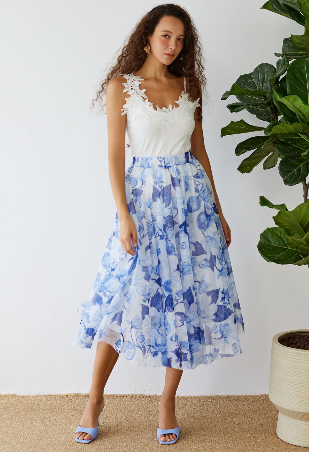 Indigo Lemon Printed Mesh Tulle Midi Skirt - Retro, Indie and Unique Fashion