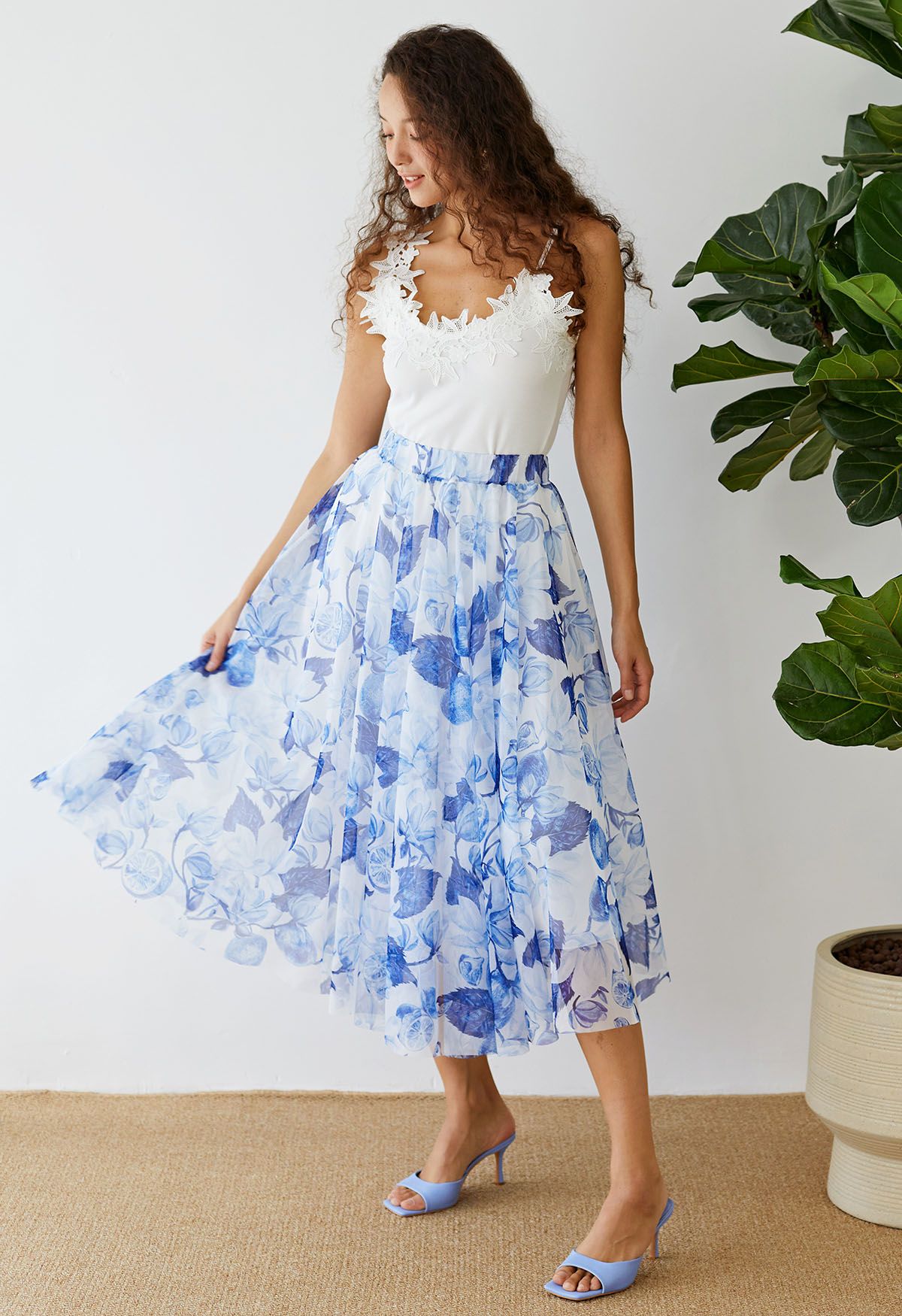 Indigo Lemon Printed Mesh Tulle Midi Skirt