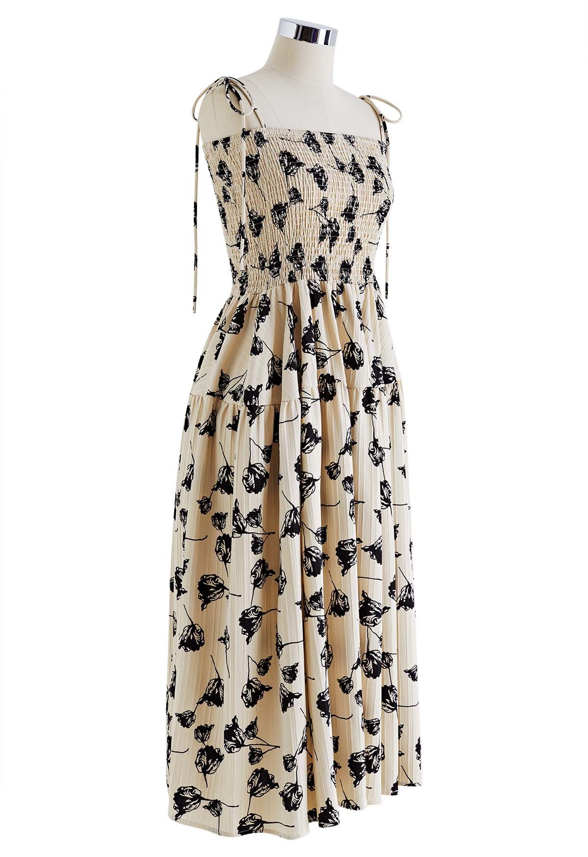 Contrast Tulip Tie-Shoulder Frilling Dress in Oatmeal