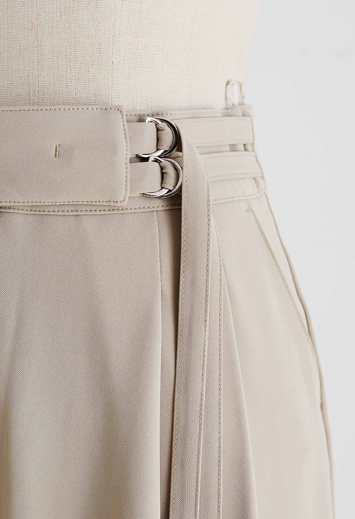 Double Belt Pleated Straight-Leg Pants in Light Tan