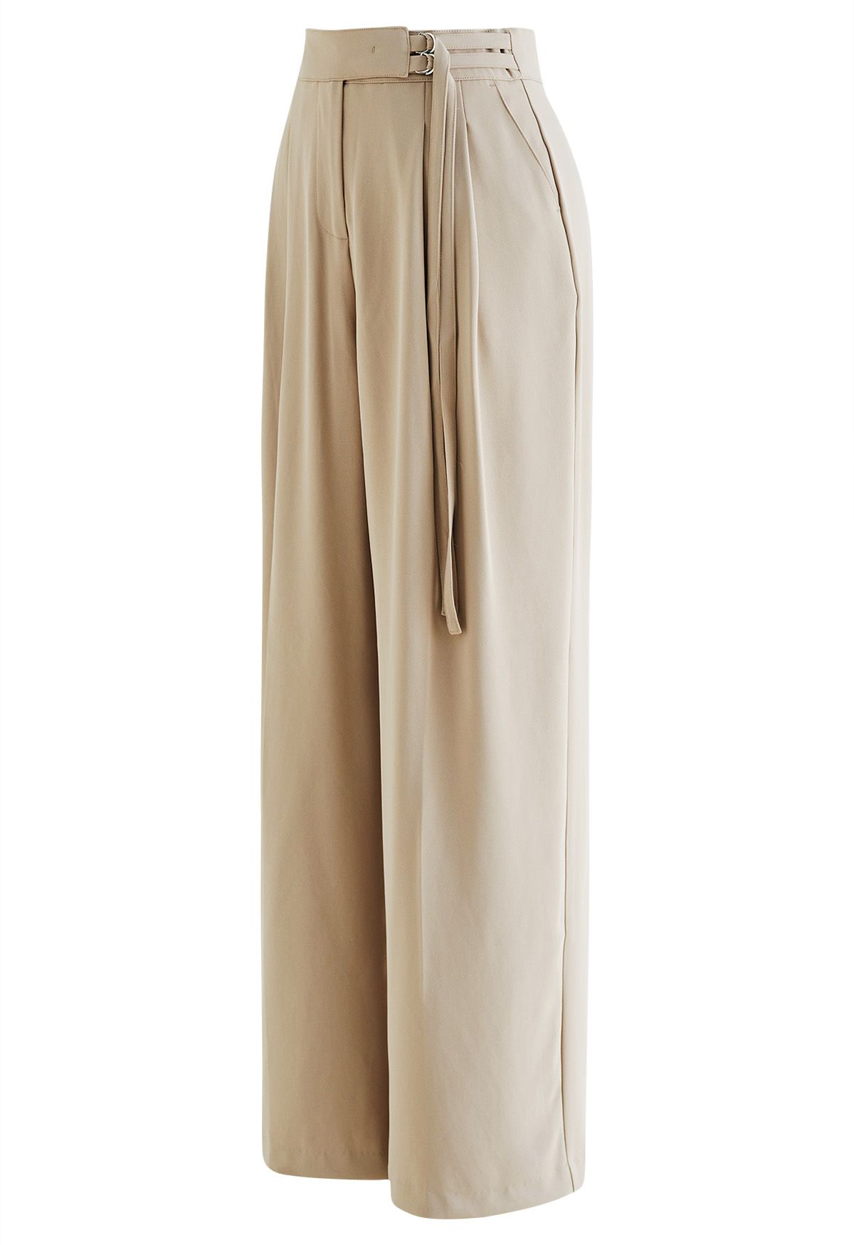 Double Belt Pleated Straight-Leg Pants in Light Tan