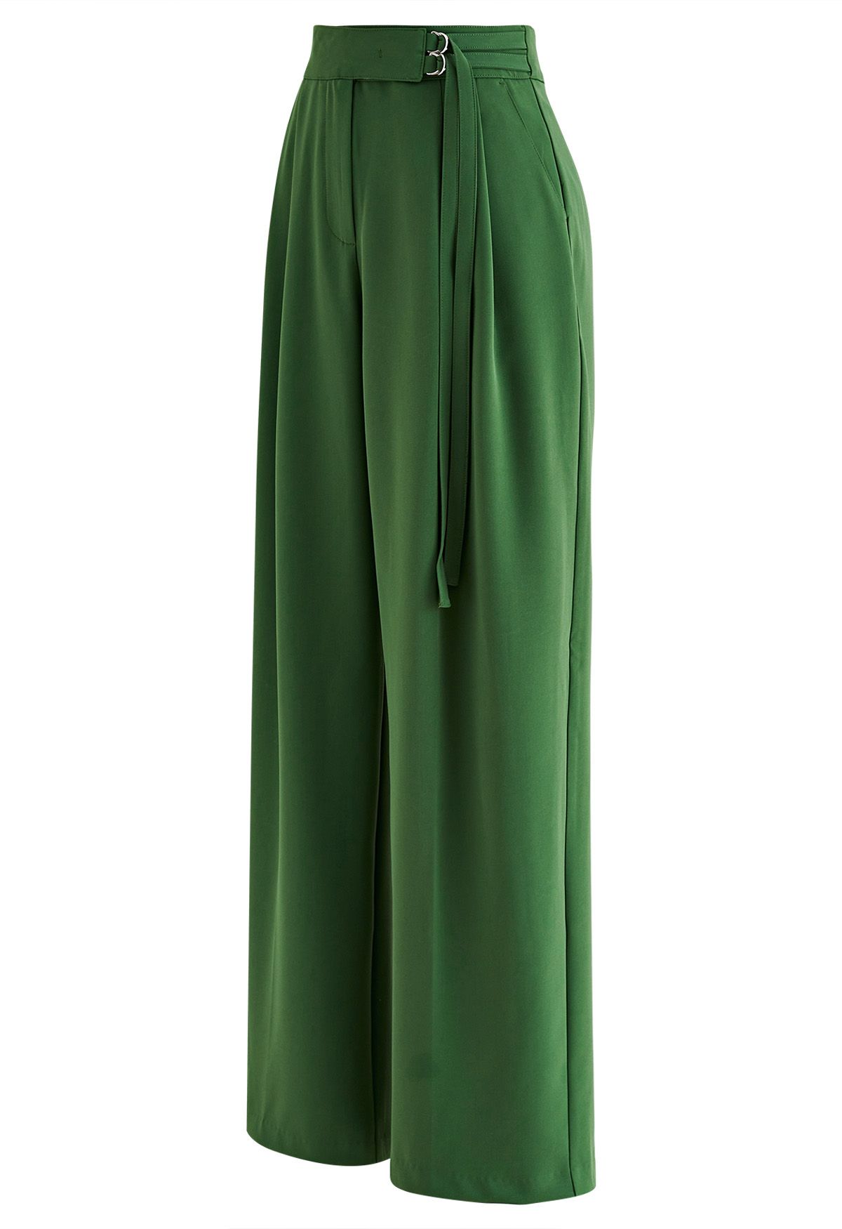 Dark Green Double Belted Pleated Trousers