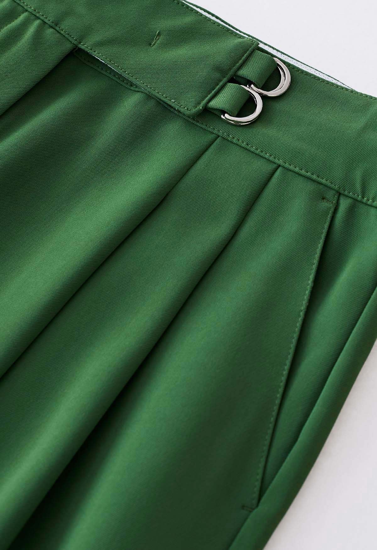 Double Belt Pleated Straight-Leg Pants in Green