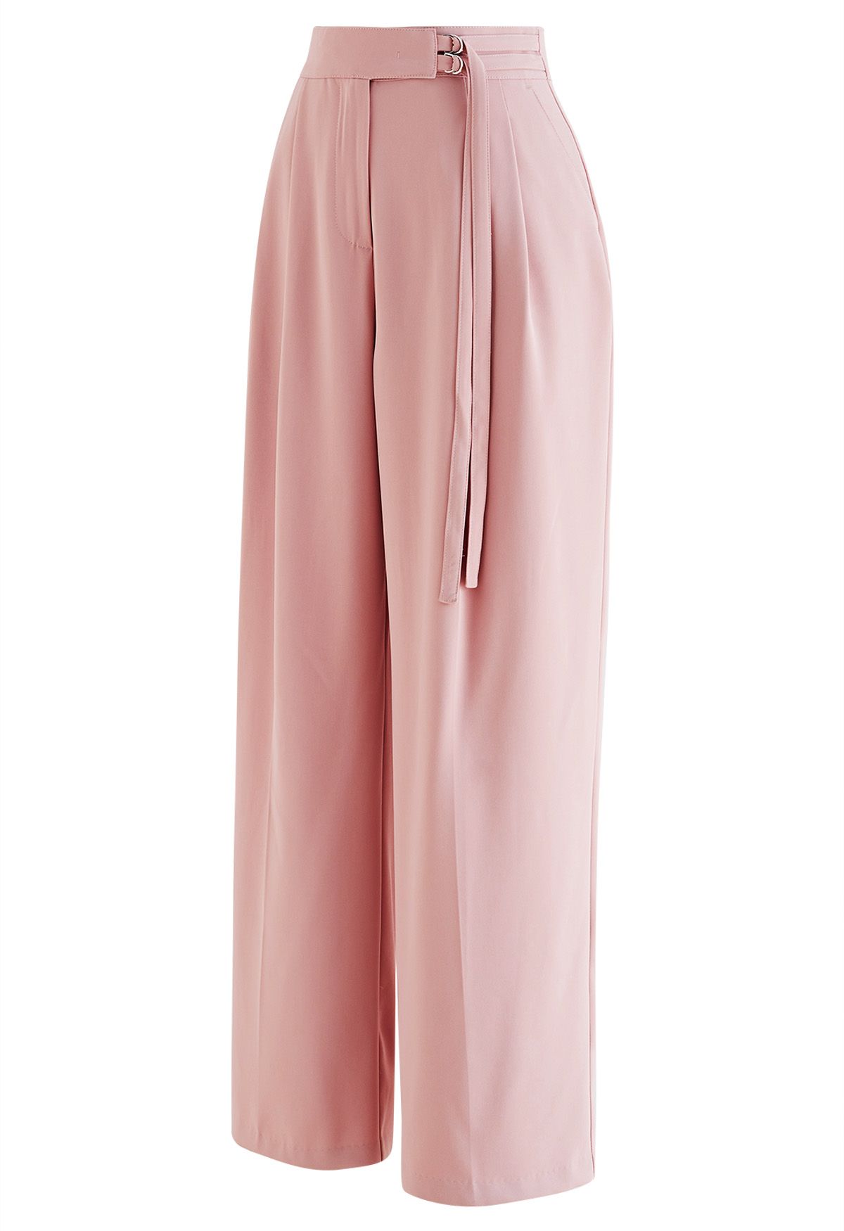 Double Belt Pleated Straight-Leg Pants in Pink