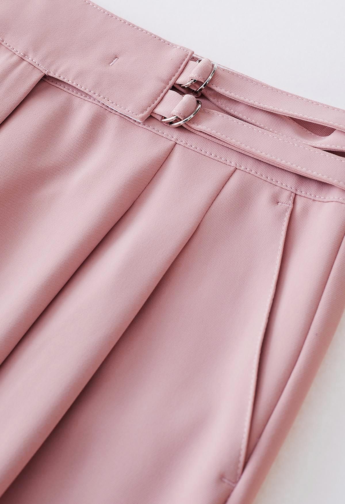 Double Belt Pleated Straight-Leg Pants in Pink